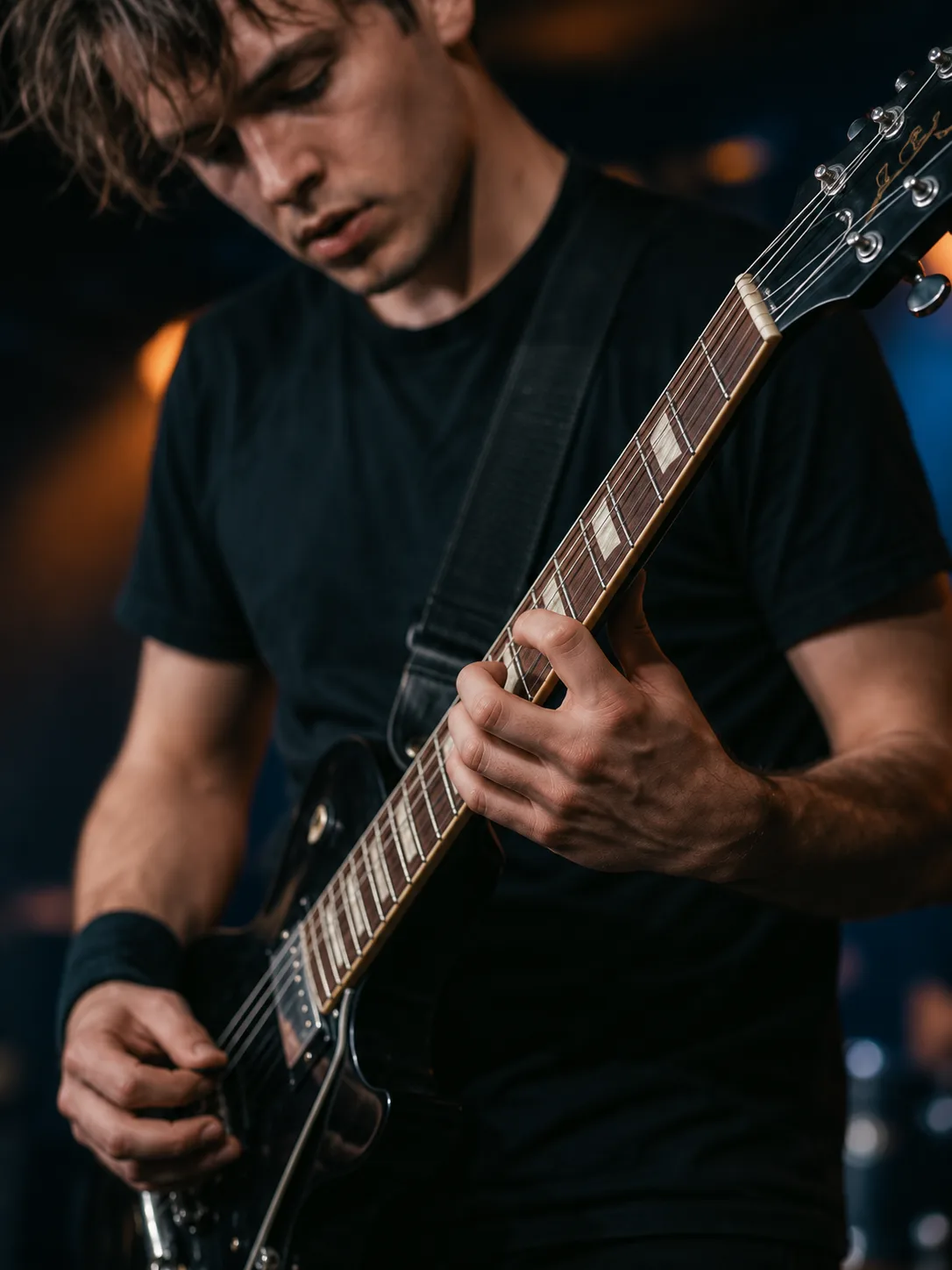 Primer plano del mástil y las manos de un guitarrista tocando arpegios